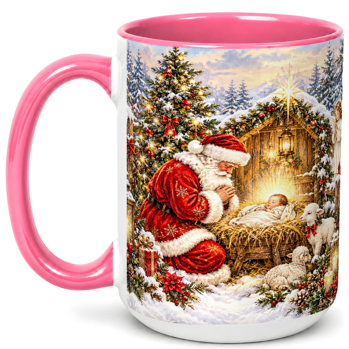#pl[15oz|Pink] Christmas Manger Coffee Mug, Santa Prayer Mug, Ceramic Cup