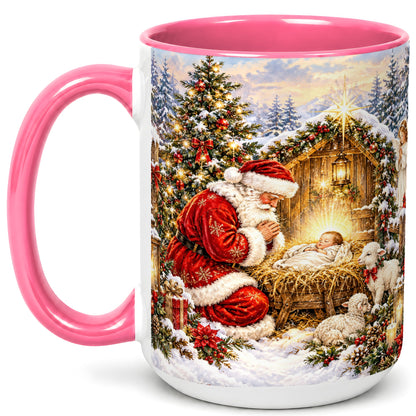 #pl[15oz|Pink] Christmas Manger Coffee Mug, Santa Prayer Mug, Ceramic Cup