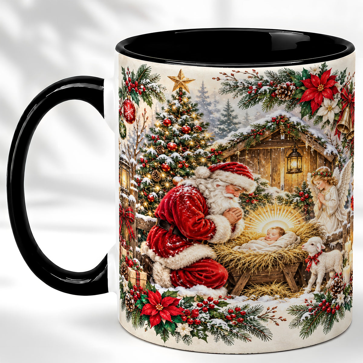 #pl[11oz|Black] Christmas Manger Coffee Mug, Praying Santa Mug, Ceramic Cup