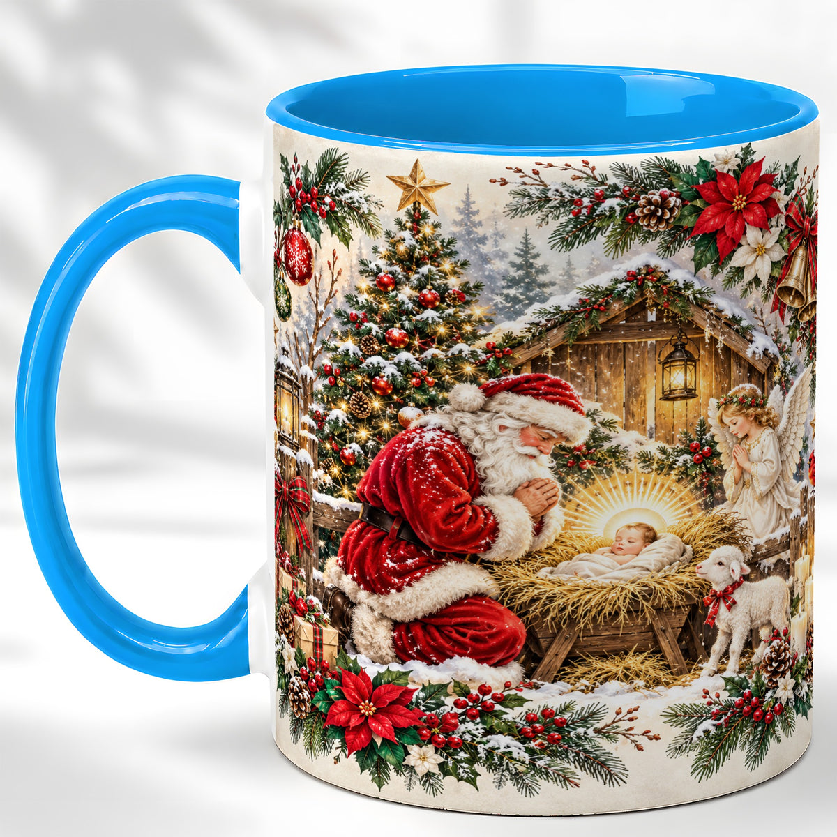 #pl[11oz|Blue] Christmas Manger Coffee Mug, Praying Santa Mug, Ceramic Cup