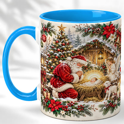 #pl[11oz|Blue] Christmas Manger Coffee Mug, Praying Santa Mug, Ceramic Cup