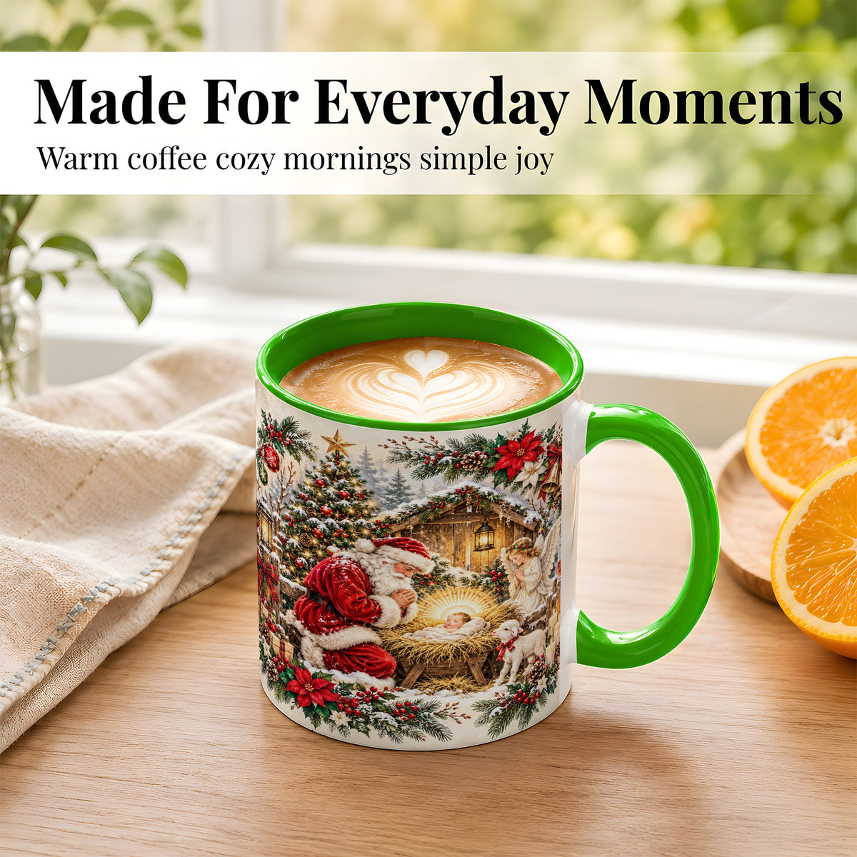 #pl[11oz|Green] Christmas Manger Coffee Mug, Praying Santa Mug, Ceramic Cup
