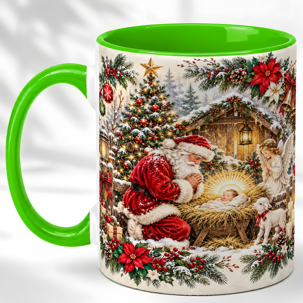 #pl[11oz|Green] Christmas Manger Coffee Mug, Praying Santa Mug, Ceramic Cup