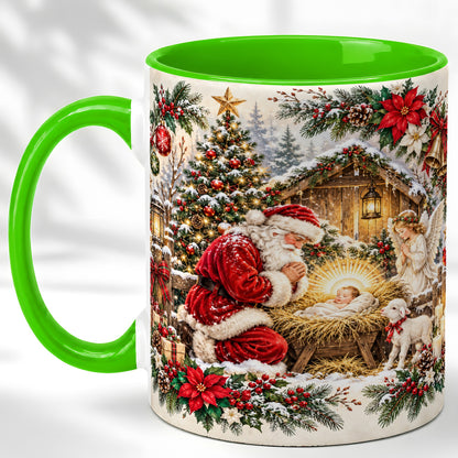 #pl[11oz|Green] Christmas Manger Coffee Mug, Praying Santa Mug, Ceramic Cup