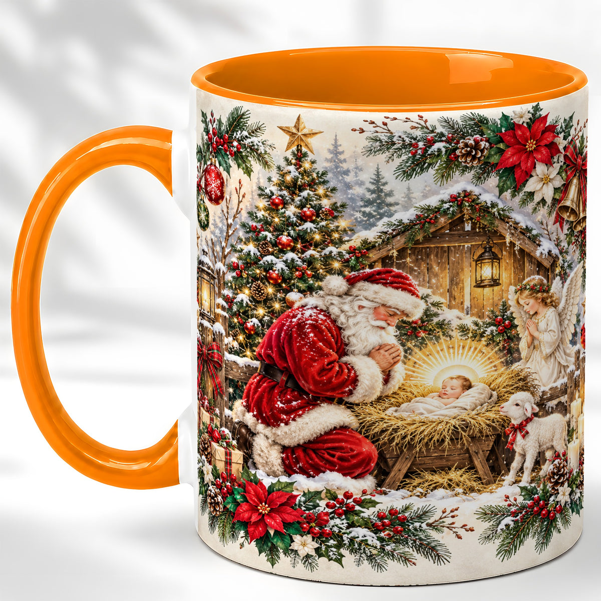 #pl[11oz|Orange] Christmas Manger Coffee Mug, Praying Santa Mug, Ceramic Cup
