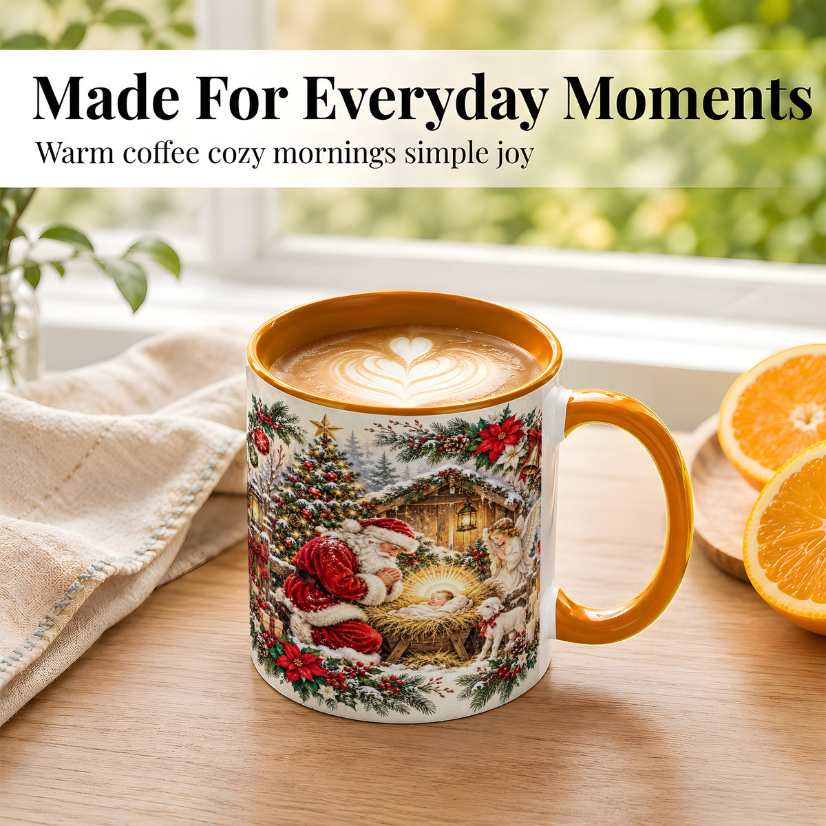 #pl[11oz|Orange] Christmas Manger Coffee Mug, Praying Santa Mug, Ceramic Cup