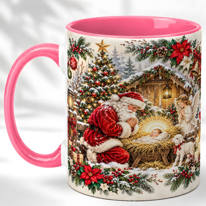 #pl[11oz|Pink] Christmas Manger Coffee Mug, Praying Santa Mug, Ceramic Cup