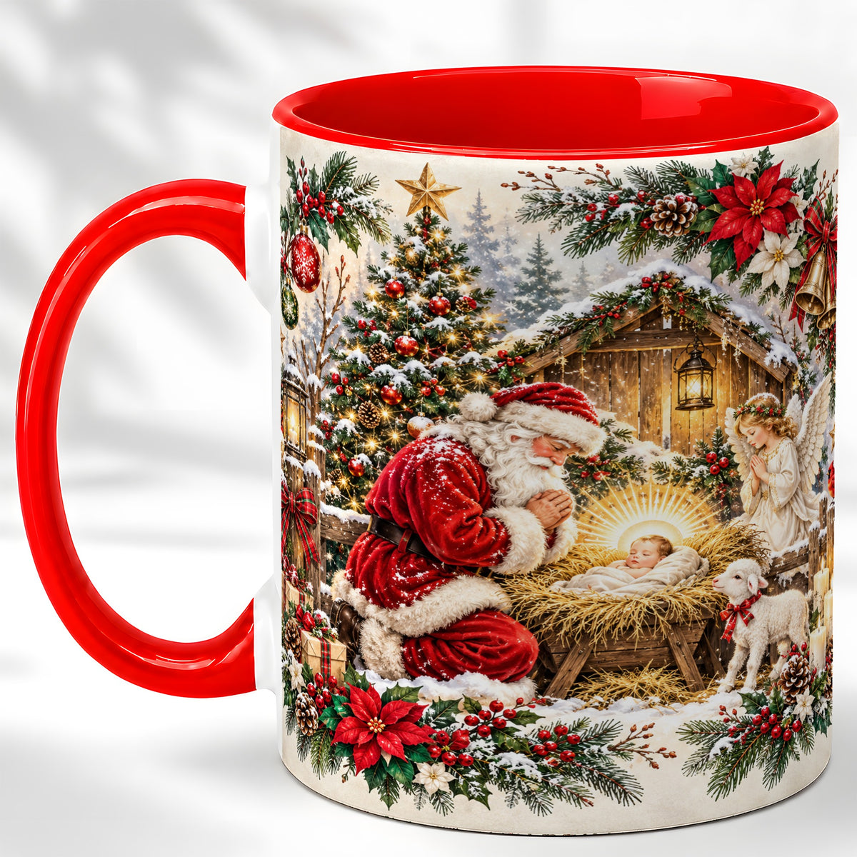 Christmas Manger Coffee Mug, Praying Santa Mug, Ceramic Cup