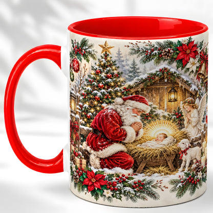 Christmas Manger Coffee Mug, Praying Santa Mug, Ceramic Cup
