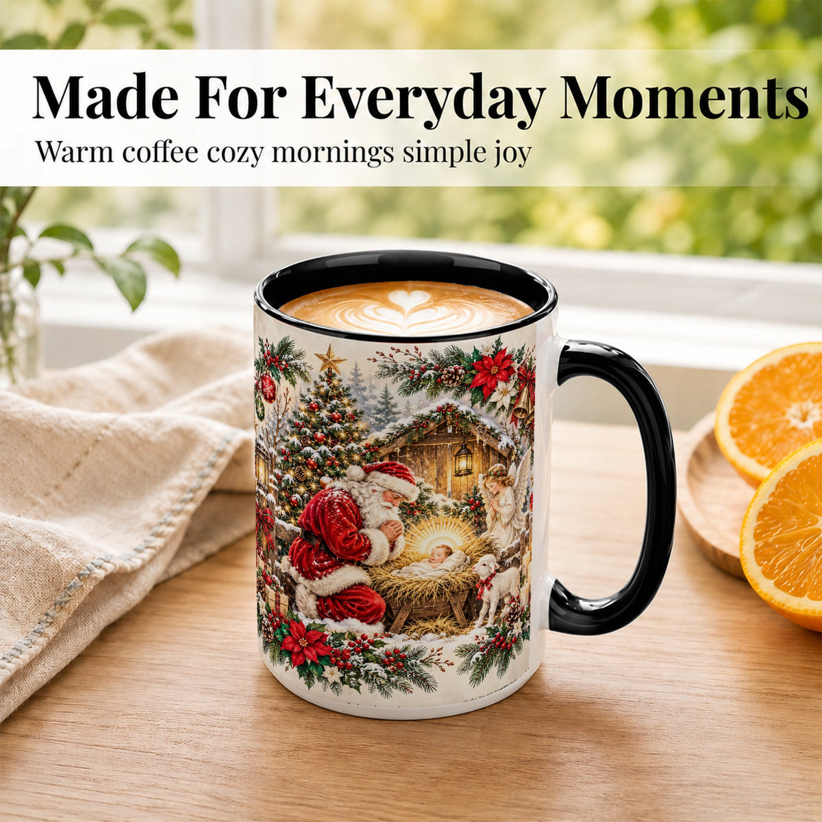#pl[15oz|Black] Christmas Manger Coffee Mug, Praying Santa Mug, Ceramic Cup