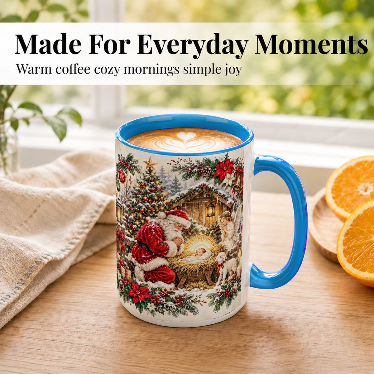 #pl[15oz|Blue] Christmas Manger Coffee Mug, Praying Santa Mug, Ceramic Cup