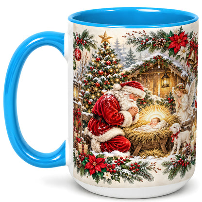 #pl[15oz|Blue] Christmas Manger Coffee Mug, Praying Santa Mug, Ceramic Cup