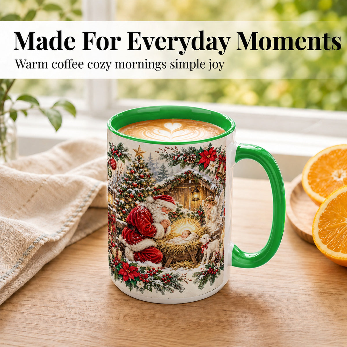 #pl[15oz|Green] Christmas Manger Coffee Mug, Praying Santa Mug, Ceramic Cup