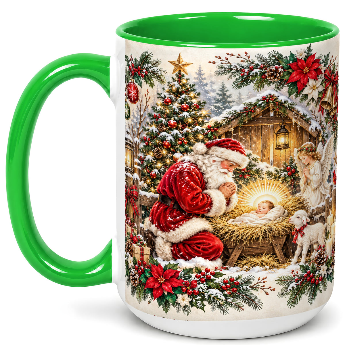 #pl[15oz|Green] Christmas Manger Coffee Mug, Praying Santa Mug, Ceramic Cup