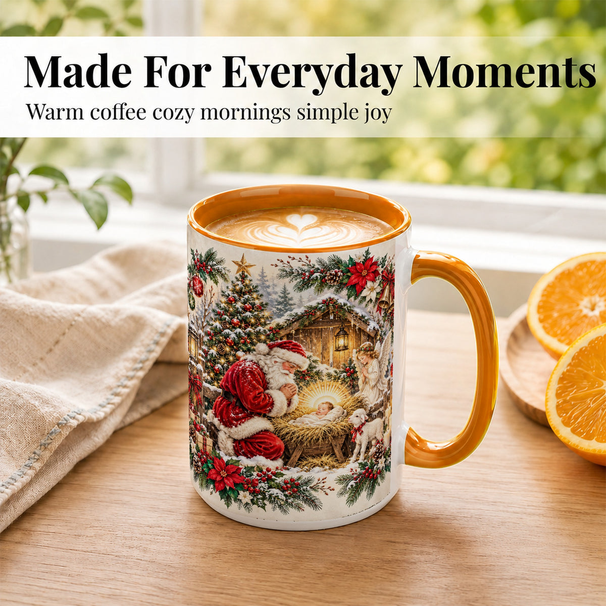 #pl[15oz|Orange] Christmas Manger Coffee Mug, Praying Santa Mug, Ceramic Cup