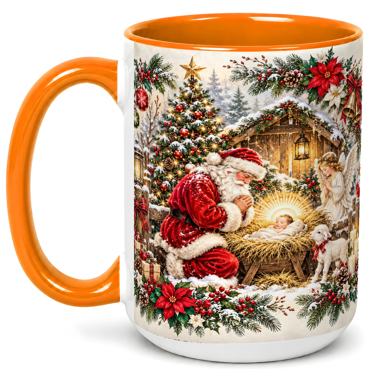 #pl[15oz|Orange] Christmas Manger Coffee Mug, Praying Santa Mug, Ceramic Cup