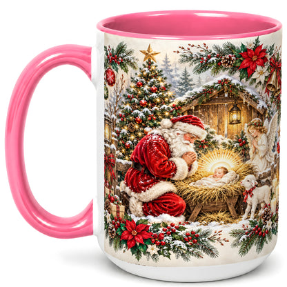 #pl[15oz|Pink] Christmas Manger Coffee Mug, Praying Santa Mug, Ceramic Cup