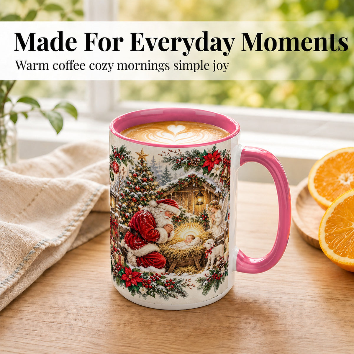 #pl[15oz|Pink] Christmas Manger Coffee Mug, Praying Santa Mug, Ceramic Cup