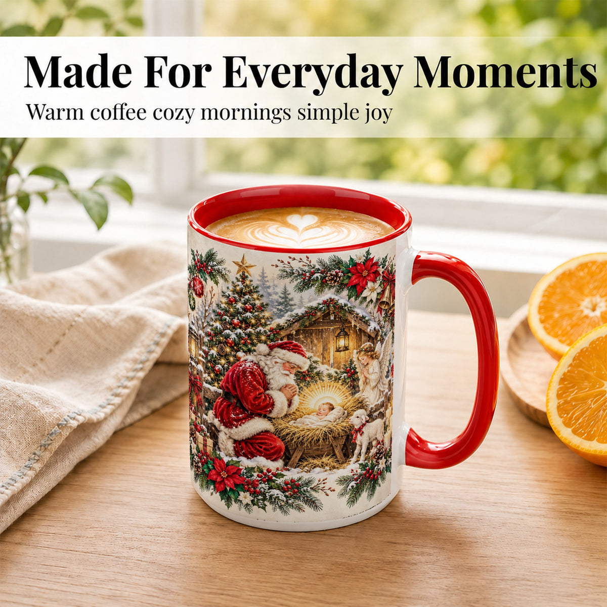 #pl[15oz|Red] Christmas Manger Coffee Mug, Praying Santa Mug, Ceramic Cup