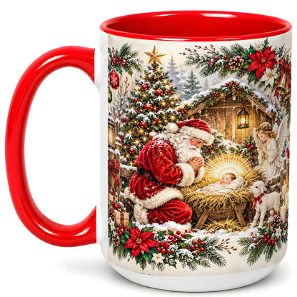 #pl[15oz|Red] Christmas Manger Coffee Mug, Praying Santa Mug, Ceramic Cup