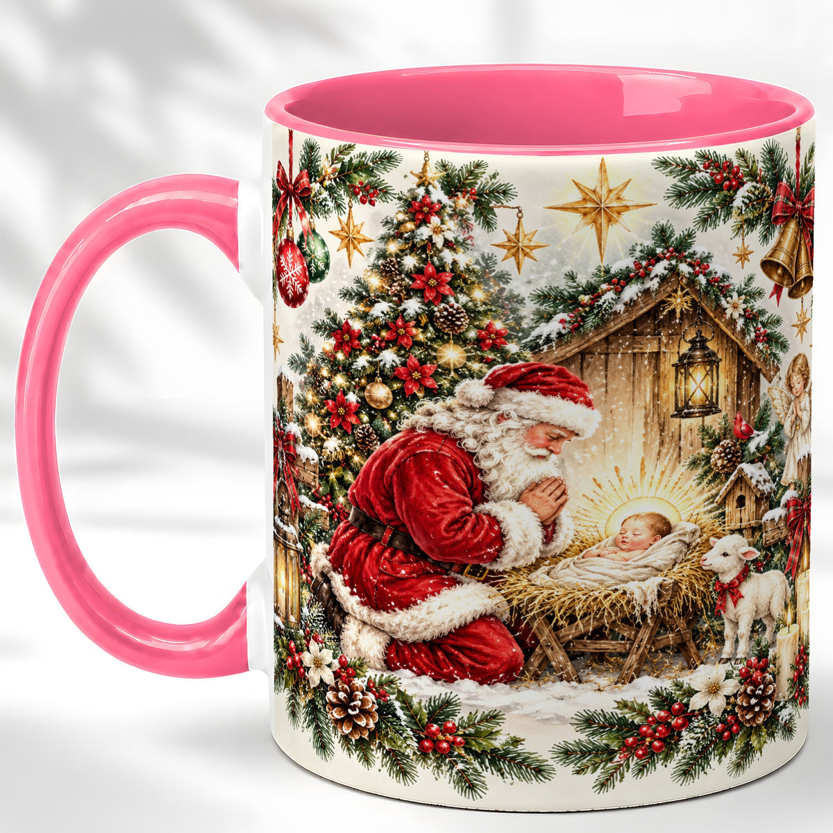 #pl[11oz|Pink] Christmas Manger Coffee Mug, Santa Prayer Mug, Ceramic Cup