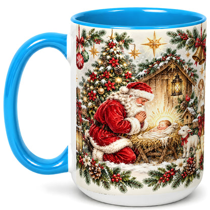 #pl[15oz|Blue] Christmas Manger Coffee Mug, Santa Prayer Mug, Ceramic Cup