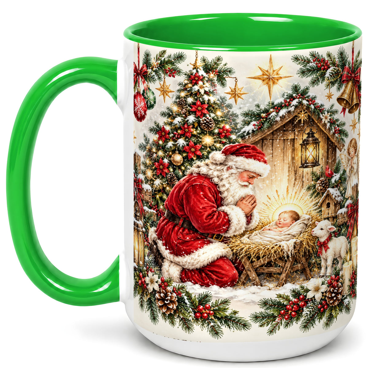#pl[15oz|Green] Christmas Manger Coffee Mug, Santa Prayer Mug, Ceramic Cup