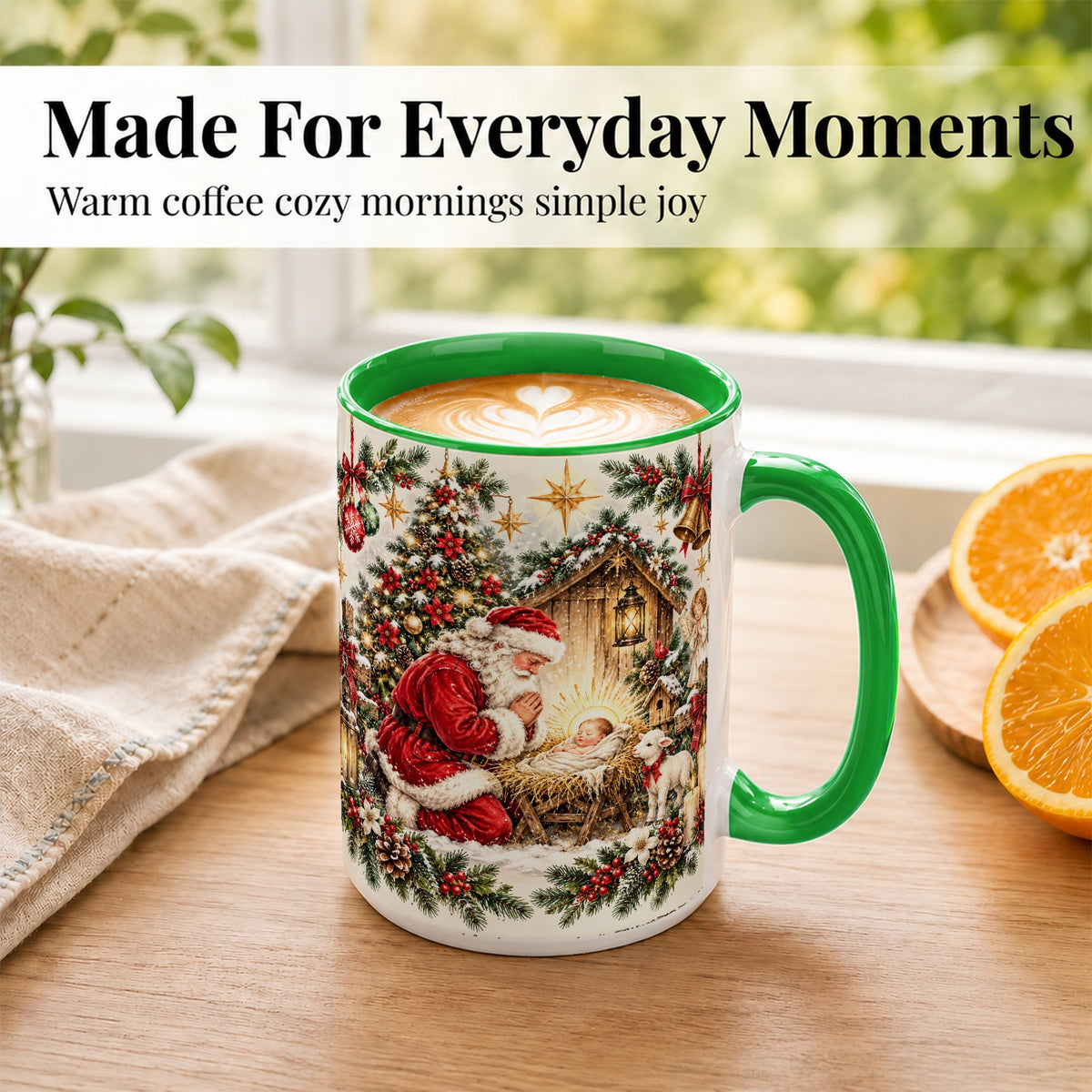 #pl[15oz|Green] Christmas Manger Coffee Mug, Santa Prayer Mug, Ceramic Cup
