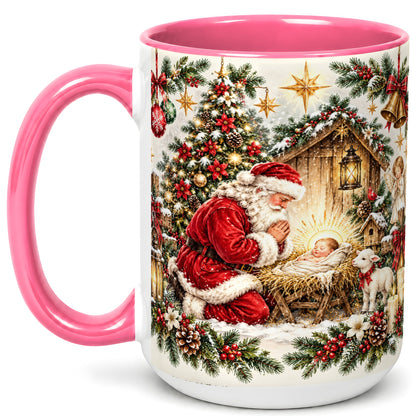 #pl[15oz|Pink] Christmas Manger Coffee Mug, Santa Prayer Mug, Ceramic Cup