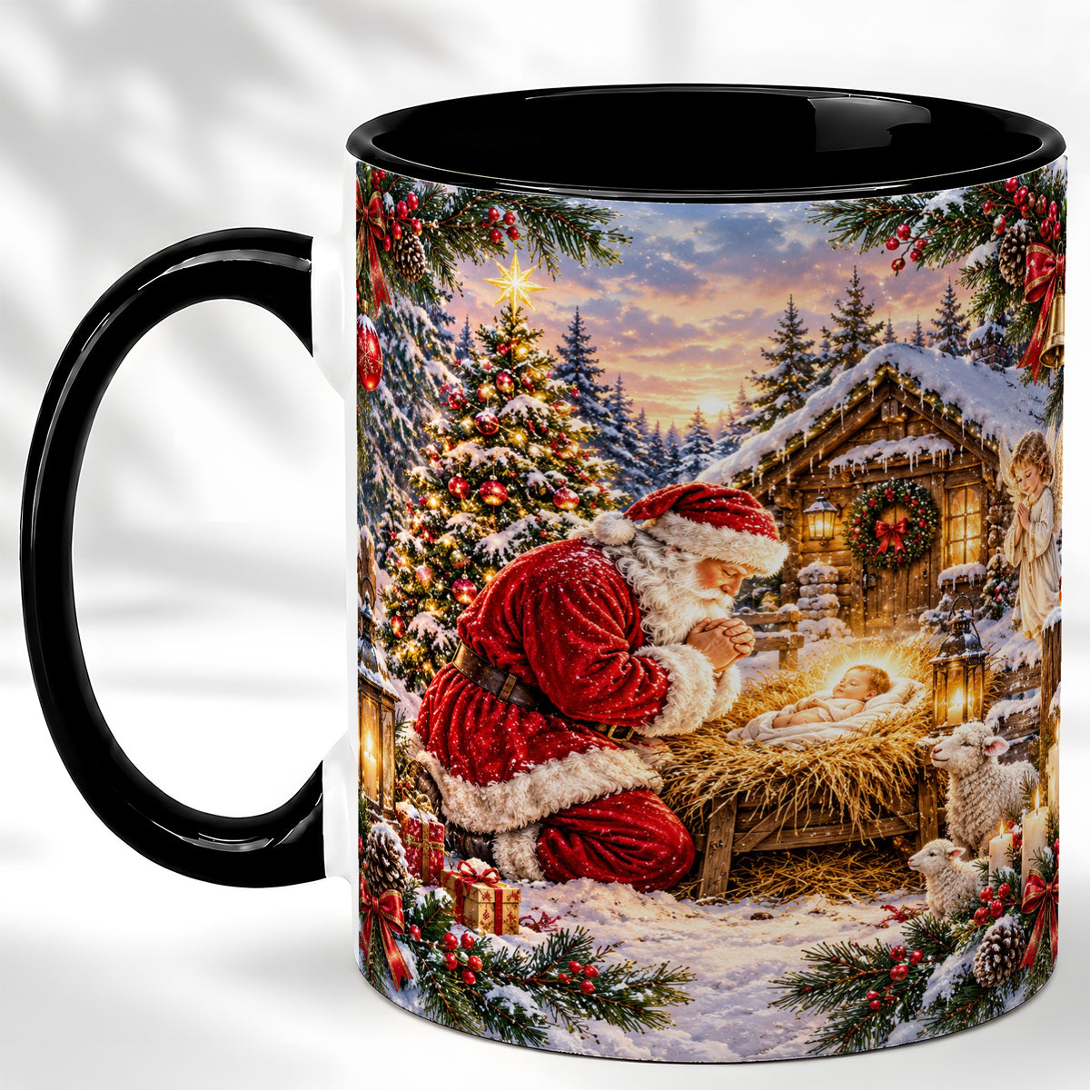 #pl[11oz|Black] Snowy Santa Nativity Coffee Mug, Christmas Scene Mug, Ceramic Cup