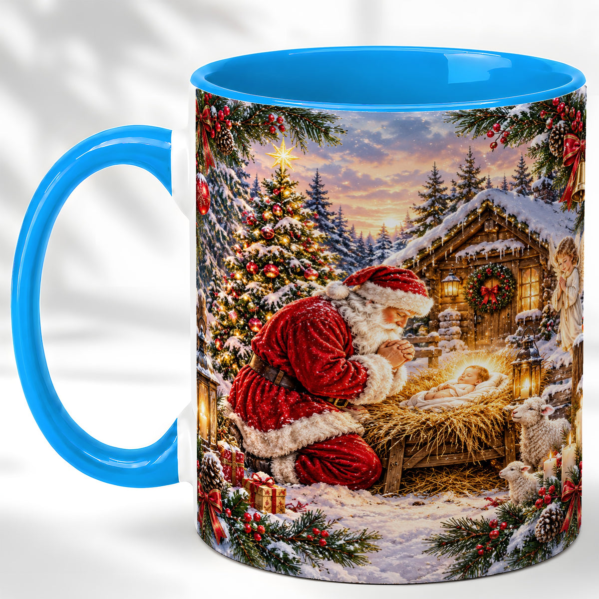 #pl[11oz|Blue] Snowy Santa Nativity Coffee Mug, Christmas Scene Mug, Ceramic Cup