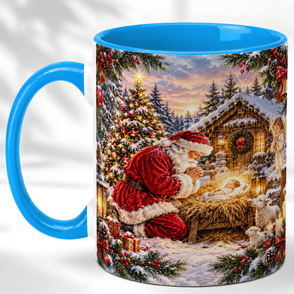 #pl[11oz|Blue] Snowy Santa Nativity Coffee Mug, Christmas Scene Mug, Ceramic Cup