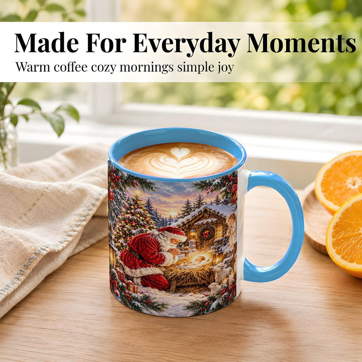 #pl[11oz|Blue] Snowy Santa Nativity Coffee Mug, Christmas Scene Mug, Ceramic Cup