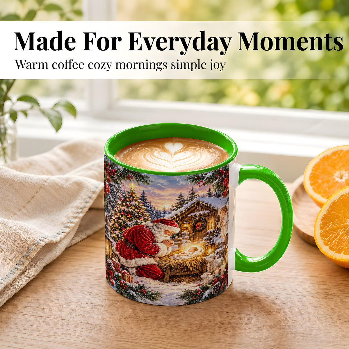 #pl[11oz|Green] Snowy Santa Nativity Coffee Mug, Christmas Scene Mug, Ceramic Cup