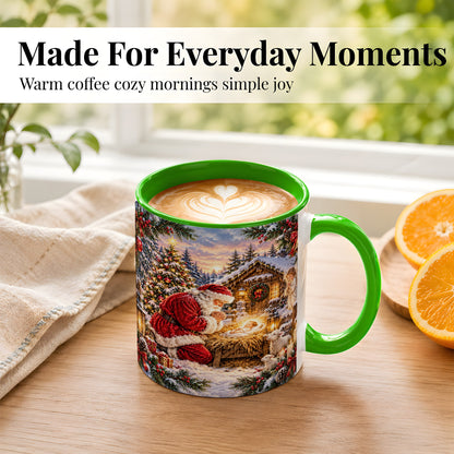 #pl[11oz|Green] Snowy Santa Nativity Coffee Mug, Christmas Scene Mug, Ceramic Cup