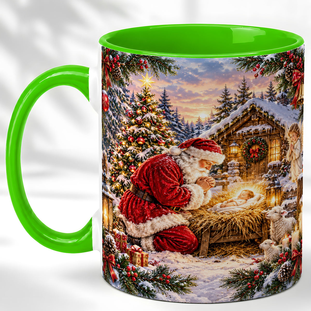 #pl[11oz|Green] Snowy Santa Nativity Coffee Mug, Christmas Scene Mug, Ceramic Cup