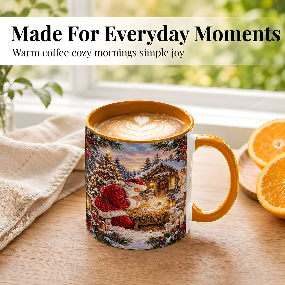 #pl[11oz|Orange] Snowy Santa Nativity Coffee Mug, Christmas Scene Mug, Ceramic Cup