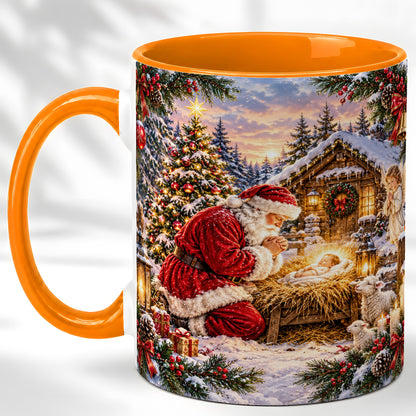 #pl[11oz|Orange] Snowy Santa Nativity Coffee Mug, Christmas Scene Mug, Ceramic Cup