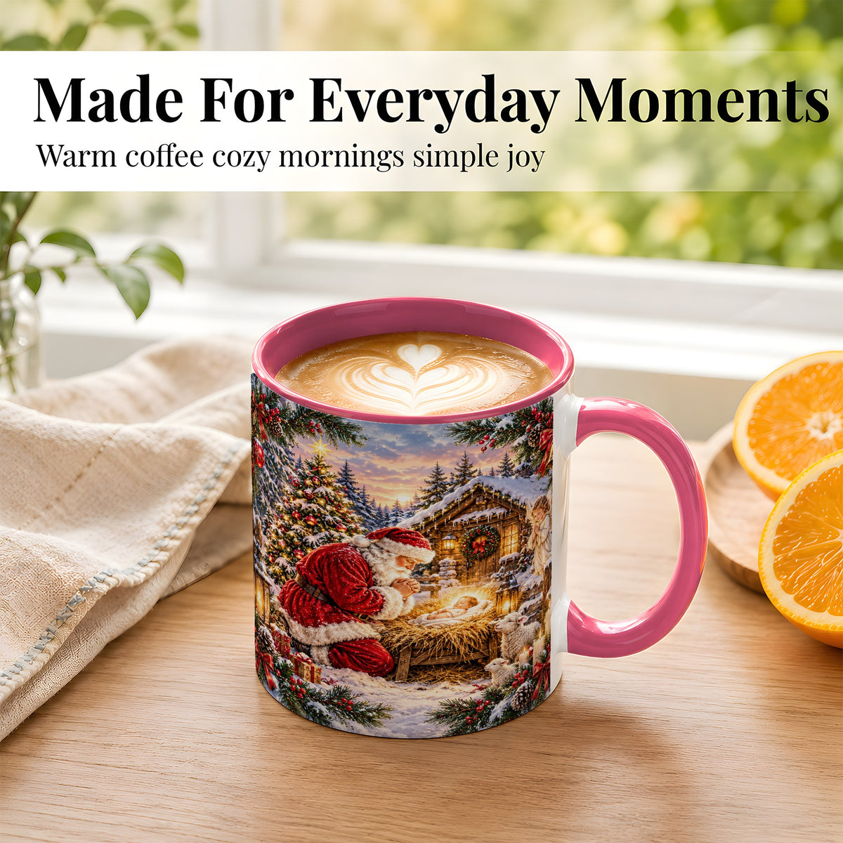 #pl[11oz|Pink] Snowy Santa Nativity Coffee Mug, Christmas Scene Mug, Ceramic Cup