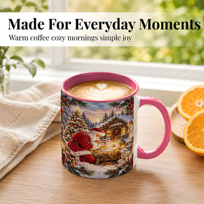 #pl[11oz|Pink] Snowy Santa Nativity Coffee Mug, Christmas Scene Mug, Ceramic Cup