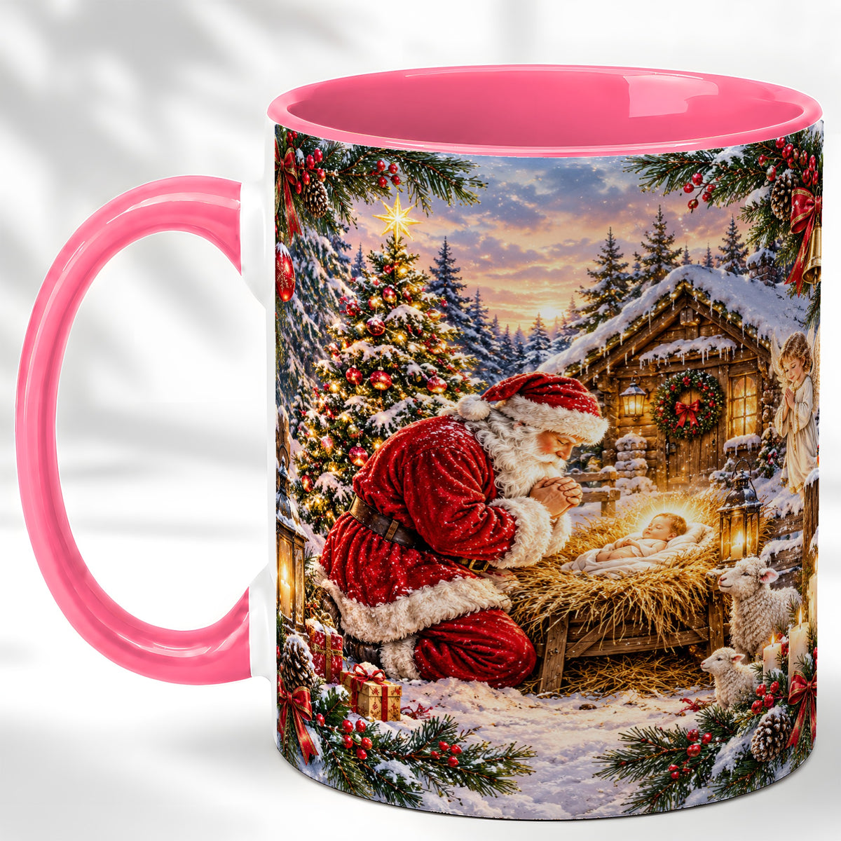 #pl[11oz|Pink] Snowy Santa Nativity Coffee Mug, Christmas Scene Mug, Ceramic Cup