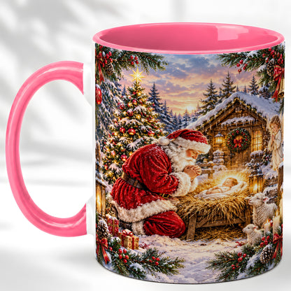 #pl[11oz|Pink] Snowy Santa Nativity Coffee Mug, Christmas Scene Mug, Ceramic Cup