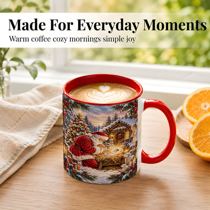 #pl[11oz|Red] Snowy Santa Nativity Coffee Mug, Christmas Scene Mug, Ceramic Cup
