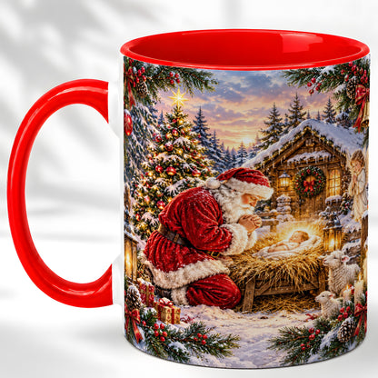 Snowy Santa Nativity Coffee Mug, Christmas Scene Mug, Ceramic Cup