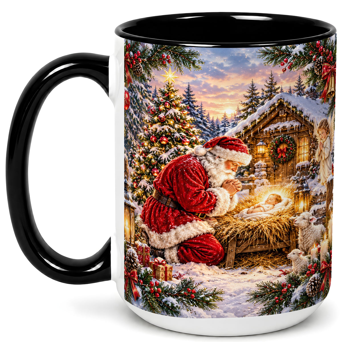 #pl[15oz|Black] Snowy Santa Nativity Coffee Mug, Christmas Scene Mug, Ceramic Cup