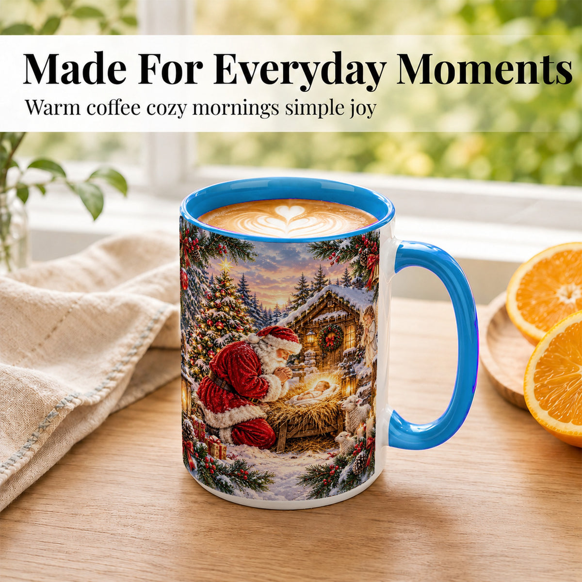 #pl[15oz|Blue] Snowy Santa Nativity Coffee Mug, Christmas Scene Mug, Ceramic Cup