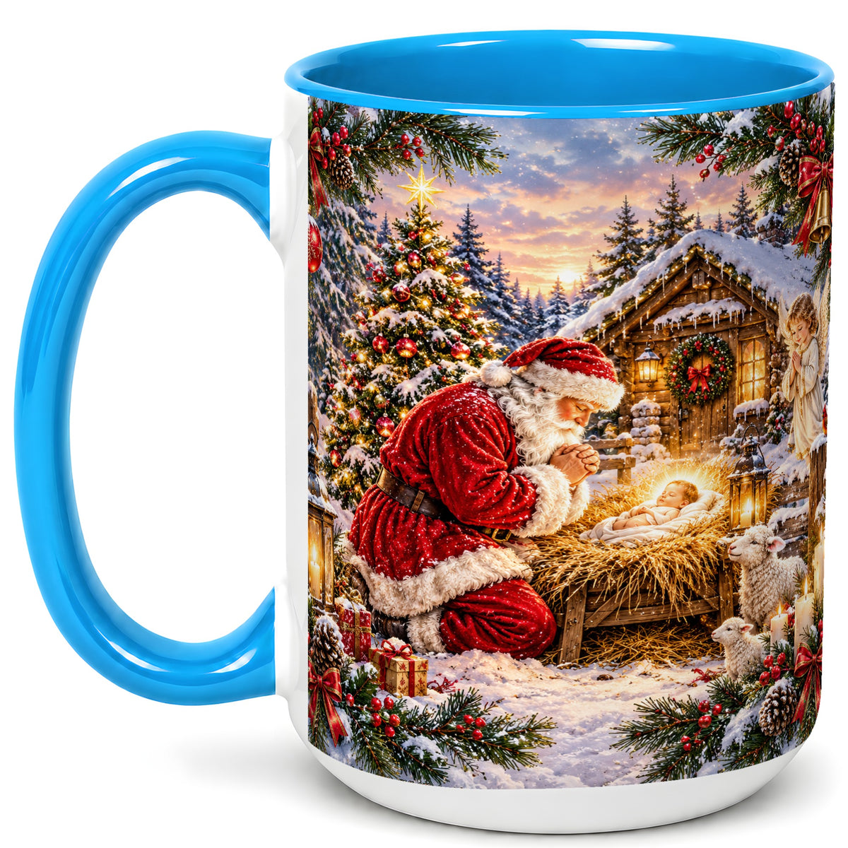 #pl[15oz|Blue] Snowy Santa Nativity Coffee Mug, Christmas Scene Mug, Ceramic Cup