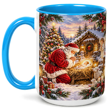 #pl[15oz|Blue] Snowy Santa Nativity Coffee Mug, Christmas Scene Mug, Ceramic Cup