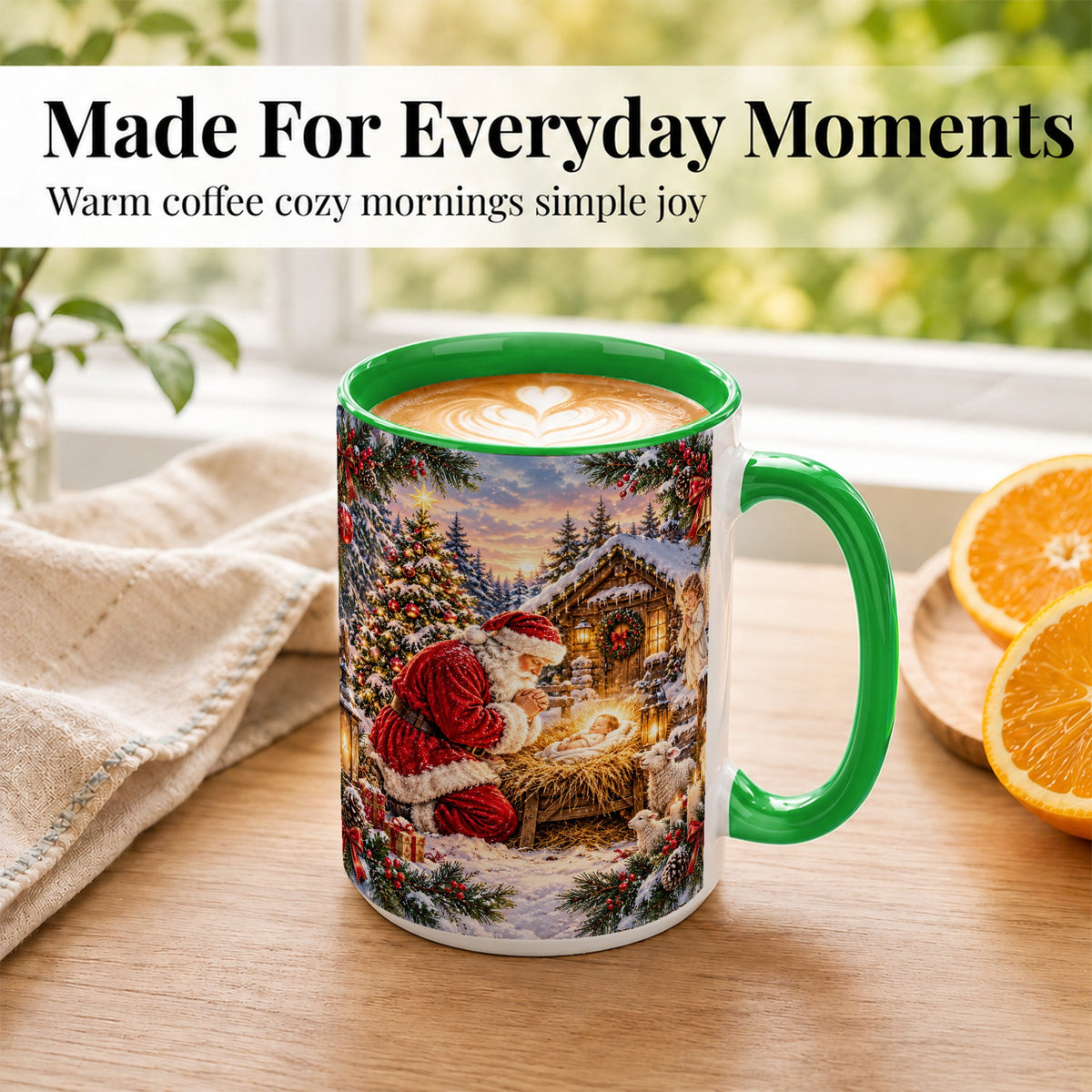 #pl[15oz|Green] Snowy Santa Nativity Coffee Mug, Christmas Scene Mug, Ceramic Cup