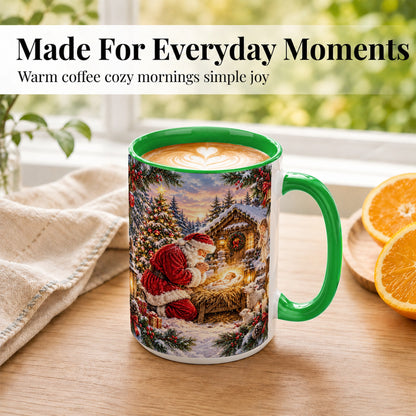 #pl[15oz|Green] Snowy Santa Nativity Coffee Mug, Christmas Scene Mug, Ceramic Cup